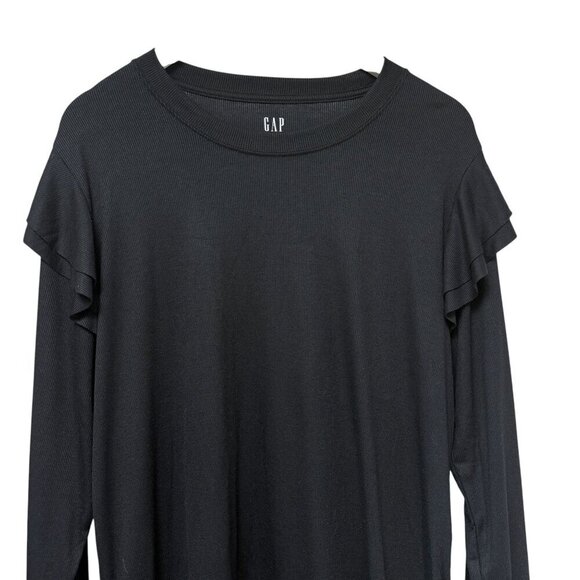 GAP Ruffle Tee Size XXL Black Ribbed Knit Modal Blend Womens Top Long Sleeve NWT - Picture 2 of 10
